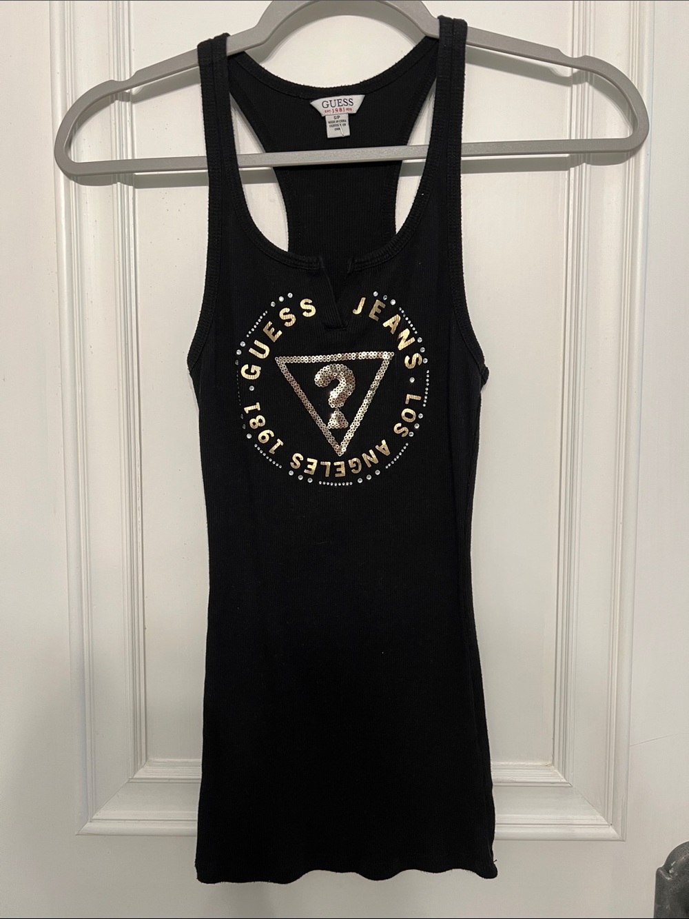 GUESS Black Racerback Tank with Gold Rhinestone Logo